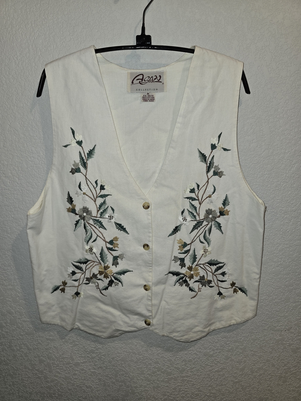 Vintage Asaro Collection Cream Floral Embroidered Cotton Vest - Size M